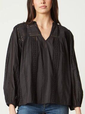 Velvet Graham Spencer Black Eyelet Blouse L Boho Cotton Lace Peasant Top